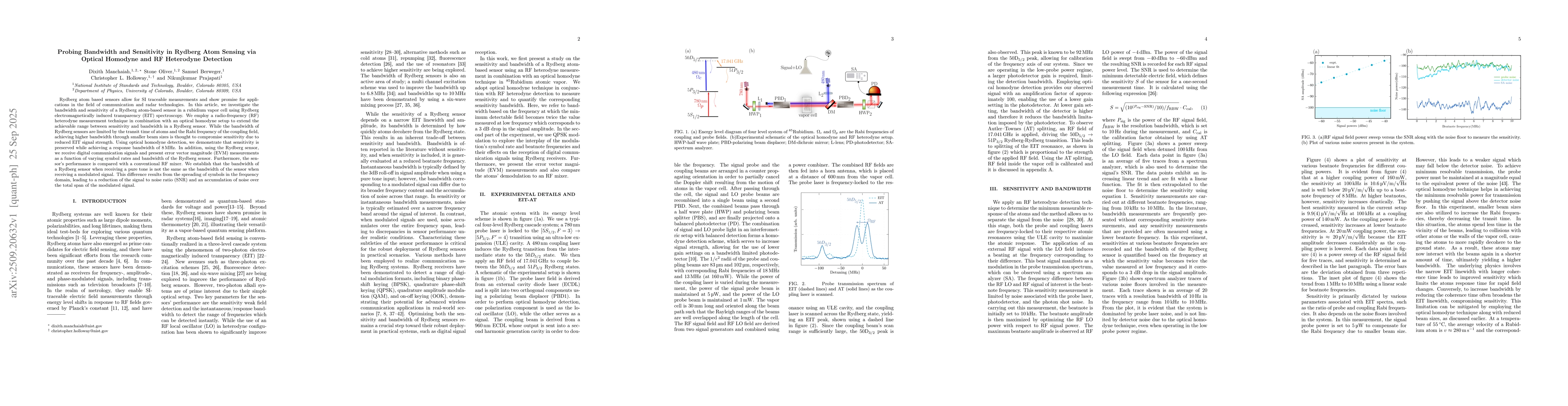 Thumbnail for Probing Bandwidth and Sensitivity in Rydberg Atom Sensing via Optical
  Homodyne and RF Heterodyne Detection