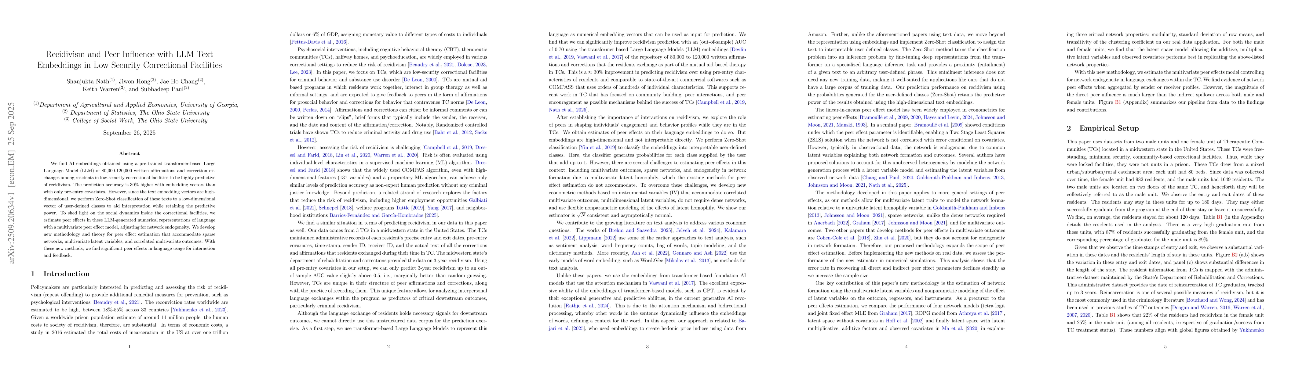 Thumbnail for Recidivism and Peer Influence with LLM Text Embeddings in Low Security
  Correctional Facilities