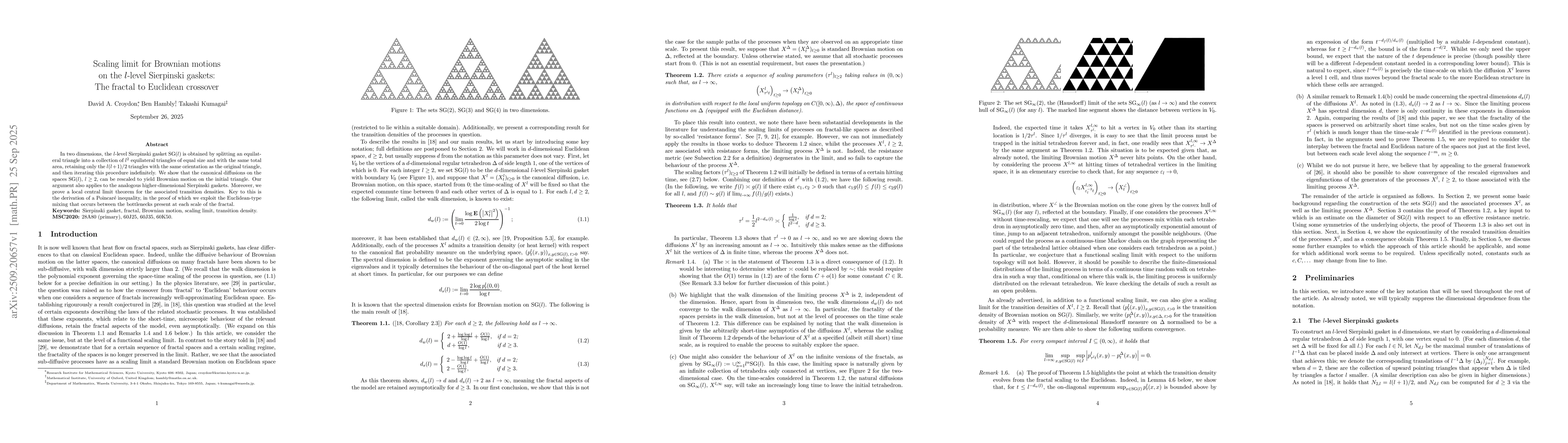 Thumbnail for Scaling limit for Brownian motions on the $l$-level Sierpinski gaskets:
  The fractal to Euclidean crossover