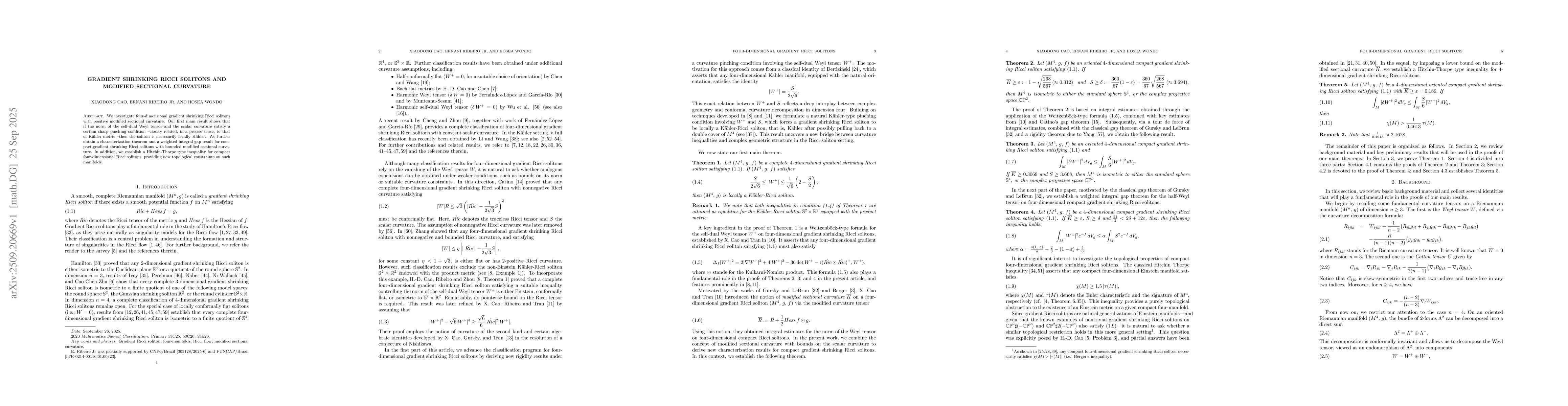 Thumbnail for Four-dimensional Gradient Ricci Solitons Gradient shrinking Ricci
  Solitons and Modified Sectional Curvature