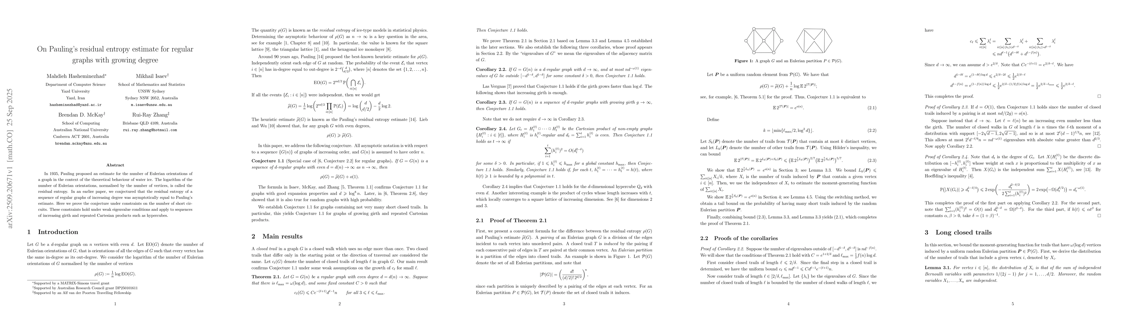 Thumbnail for On Pauling's residual entropy estimate for regular graphs with growing
  degree