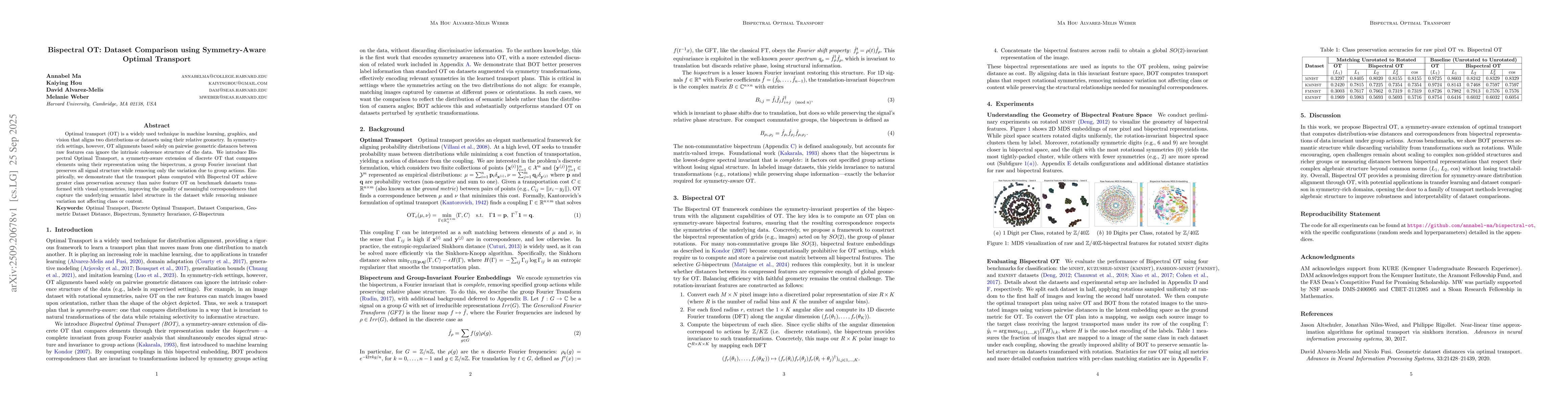 Thumbnail for Bispectral OT: Dataset Comparison using Symmetry-Aware Optimal Transport
