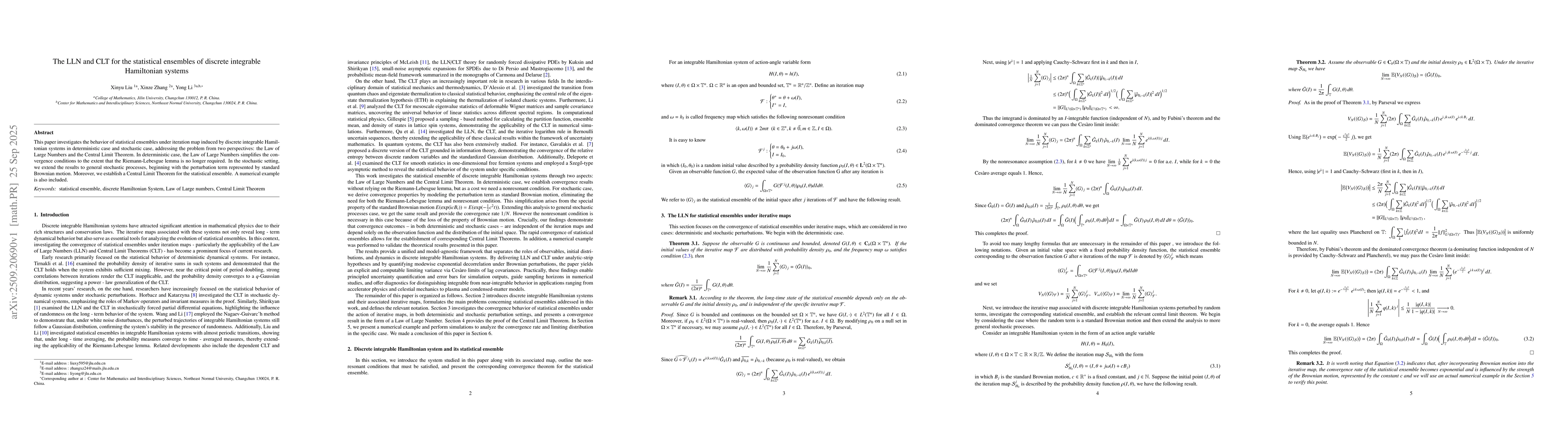 Thumbnail for The LLN and CLT for the statistical ensembles of discrete integrable
  Hamiltonian systems