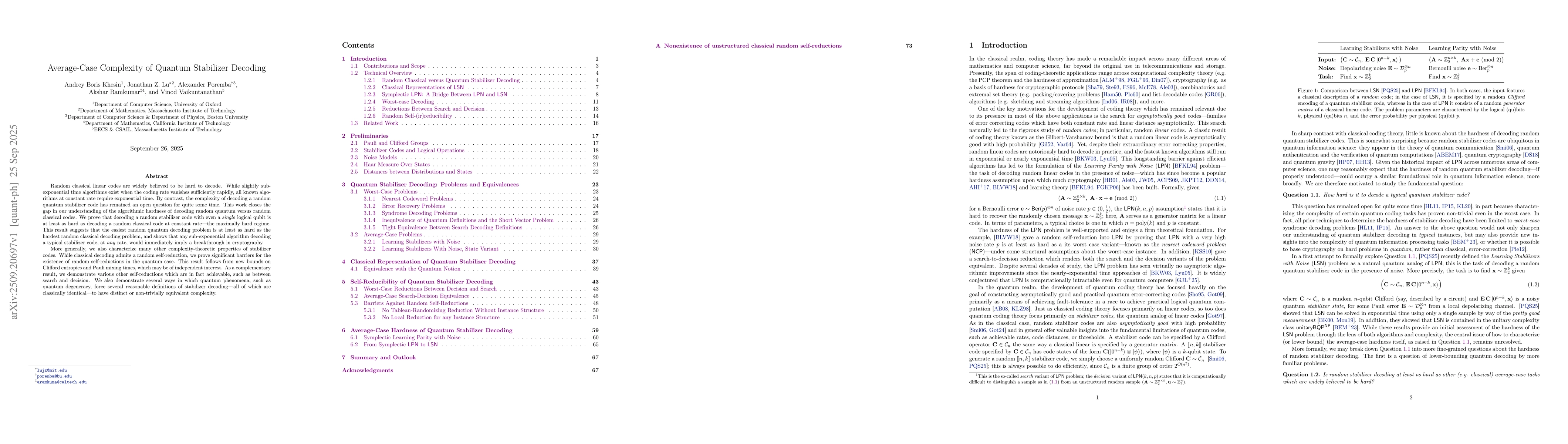 Thumbnail for Average-Case Complexity of Quantum Stabilizer Decoding