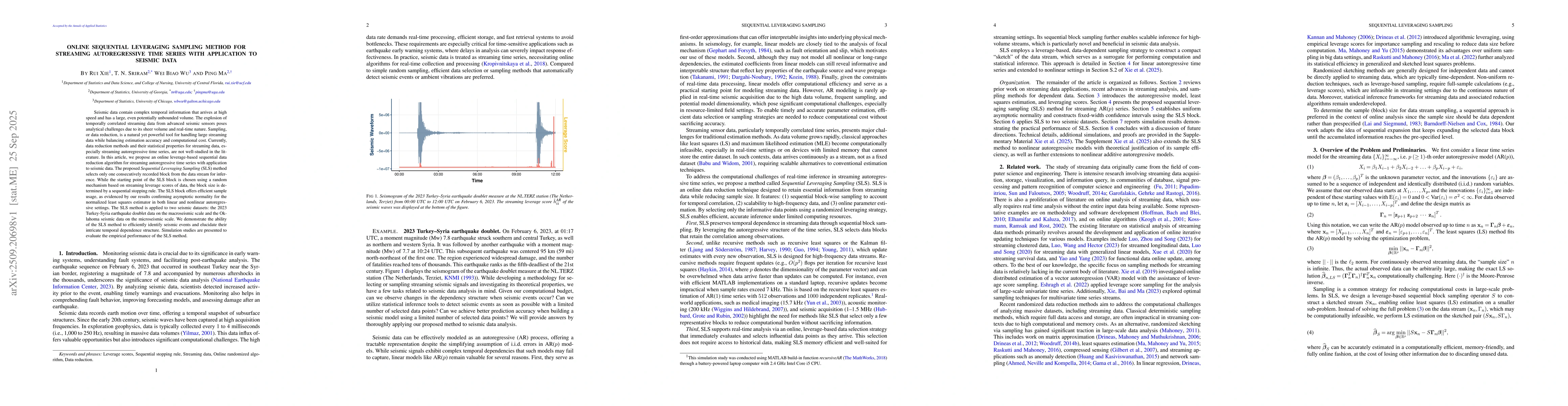 Thumbnail for Online Sequential Leveraging Sampling Method for Streaming
  Autoregressive Time Series with Application to Seismic Data
