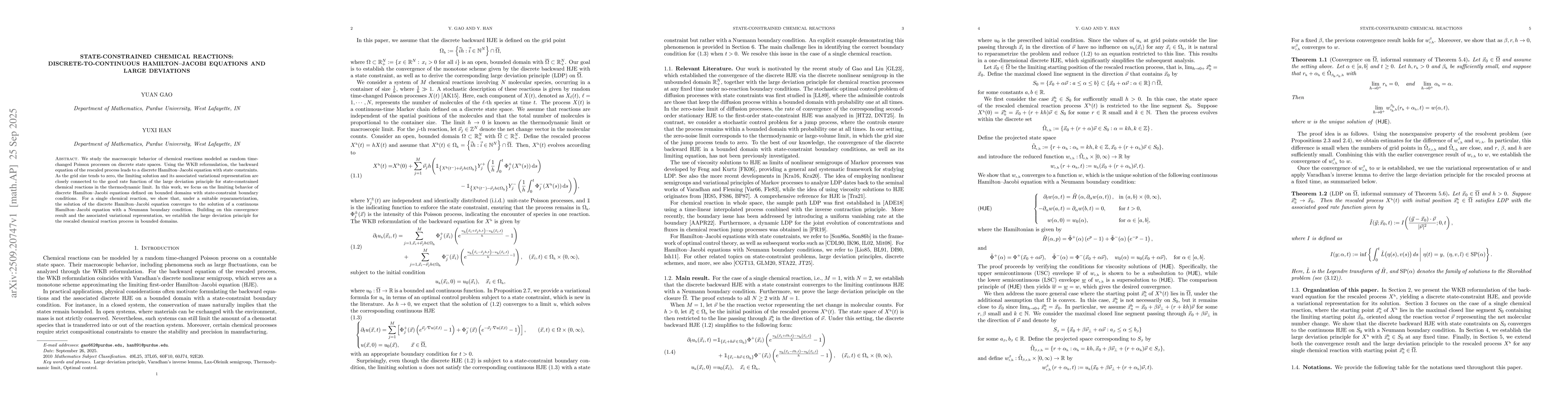 Thumbnail for State-Constrained Chemical Reactions: Discrete-to-Continuous
  Hamilton--Jacobi Equations and Large Deviations