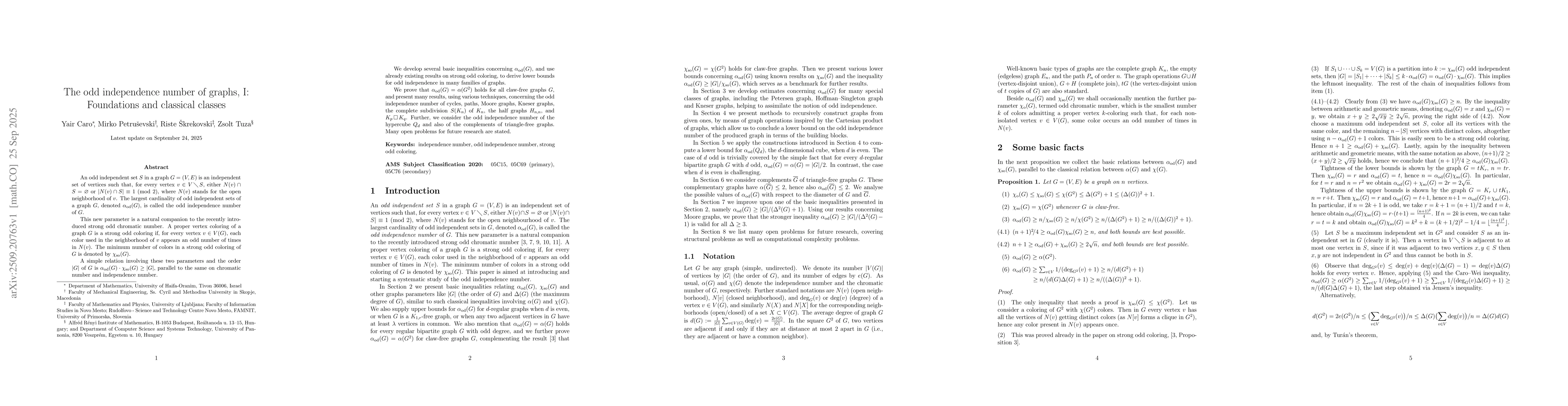 Thumbnail for The odd independence number of graphs, I: Foundations and classical
  classes