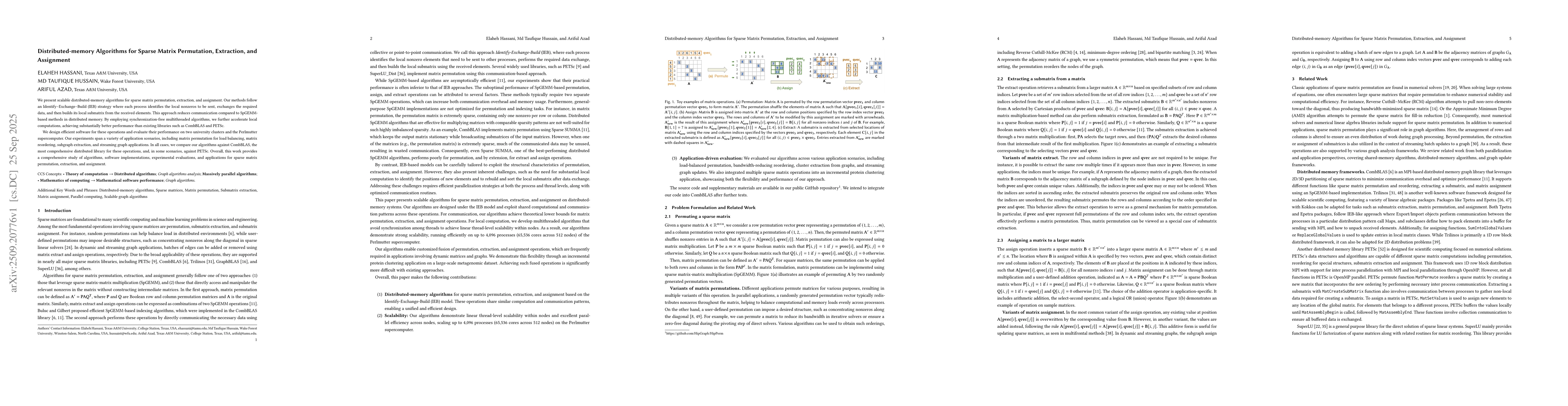 Thumbnail for Distributed-memory Algorithms for Sparse Matrix Permutation, Extraction,
  and Assignment