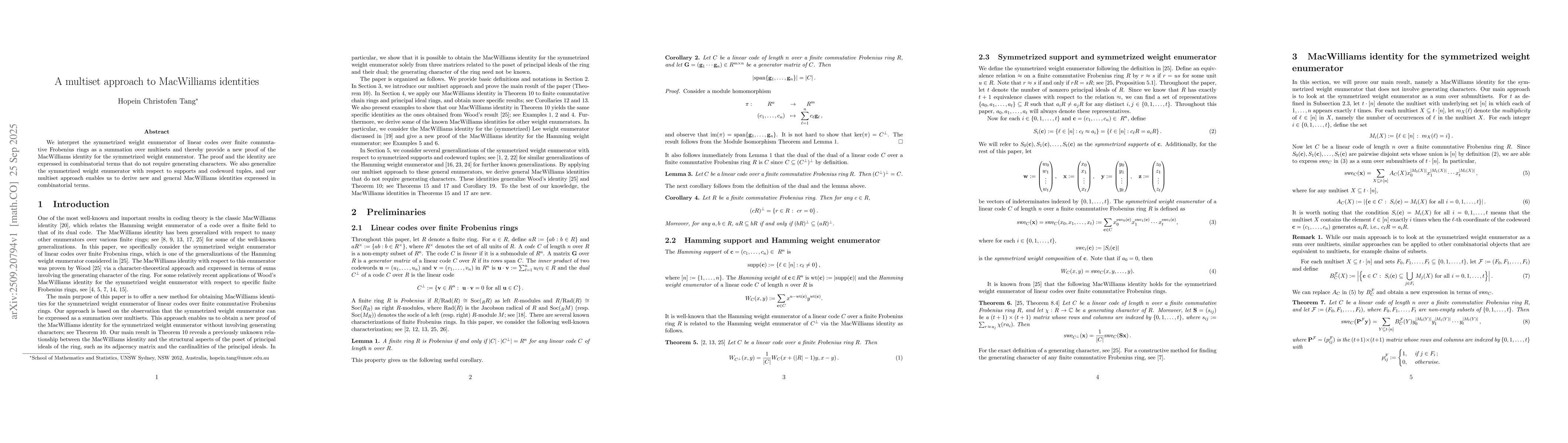 Thumbnail for A multiset approach to MacWilliams identities