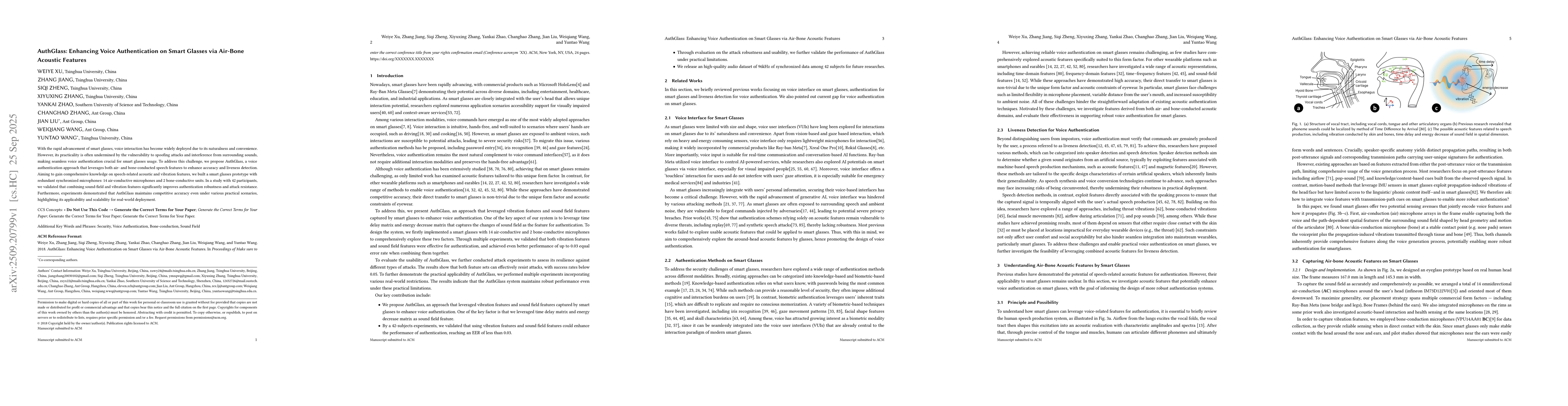 Thumbnail for AuthGlass: Enhancing Voice Authentication on Smart Glasses via Air-Bone
  Acoustic Features