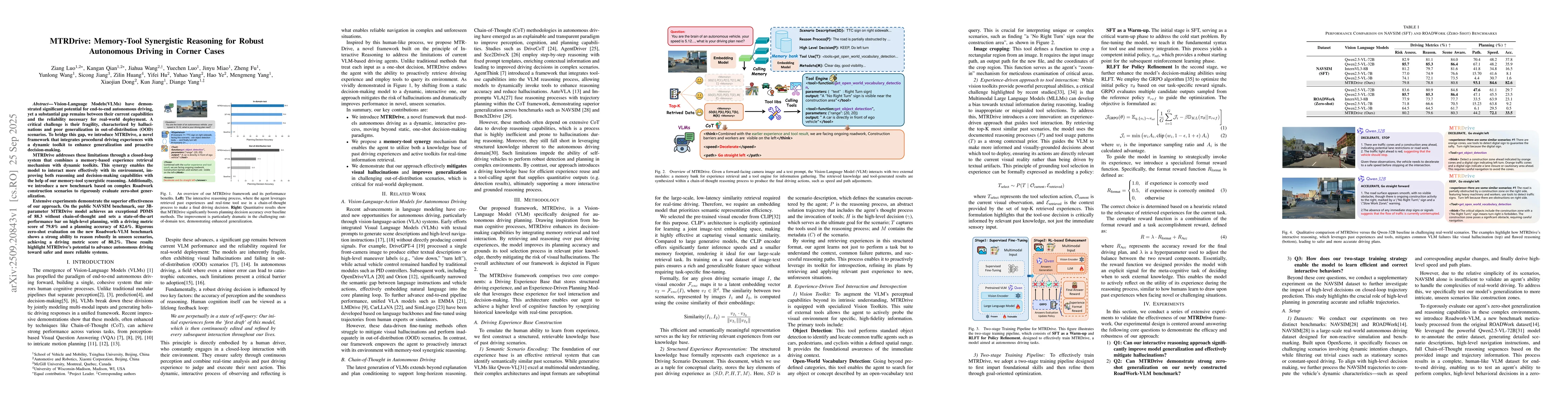 Thumbnail for MTRDrive: Memory-Tool Synergistic Reasoning for Robust Autonomous
  Driving in Corner Cases