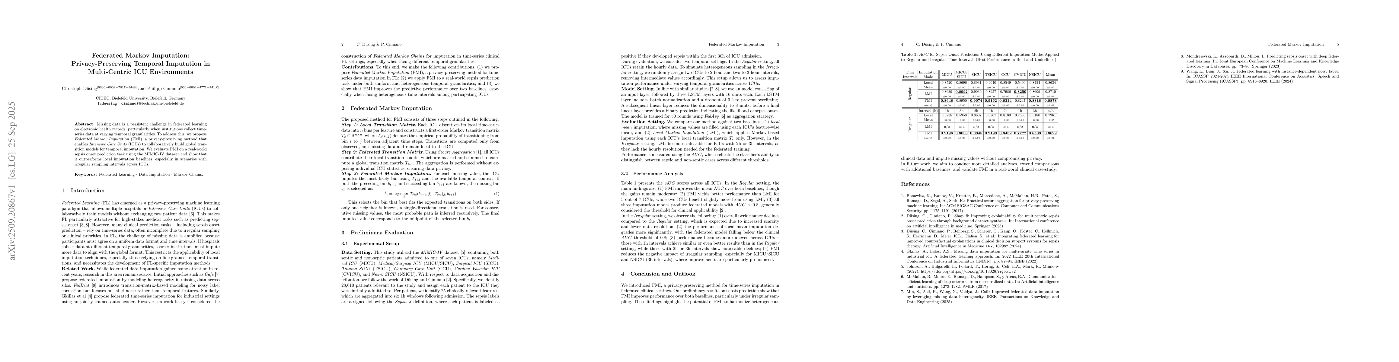 Thumbnail for Federated Markov Imputation: Privacy-Preserving Temporal Imputation in
  Multi-Centric ICU Environments