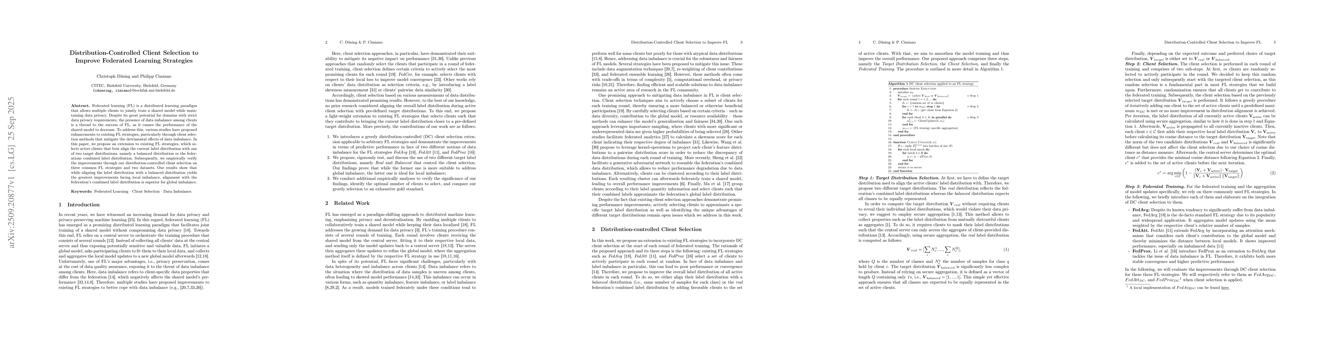 Thumbnail for Distribution-Controlled Client Selection to Improve Federated Learning
  Strategies
