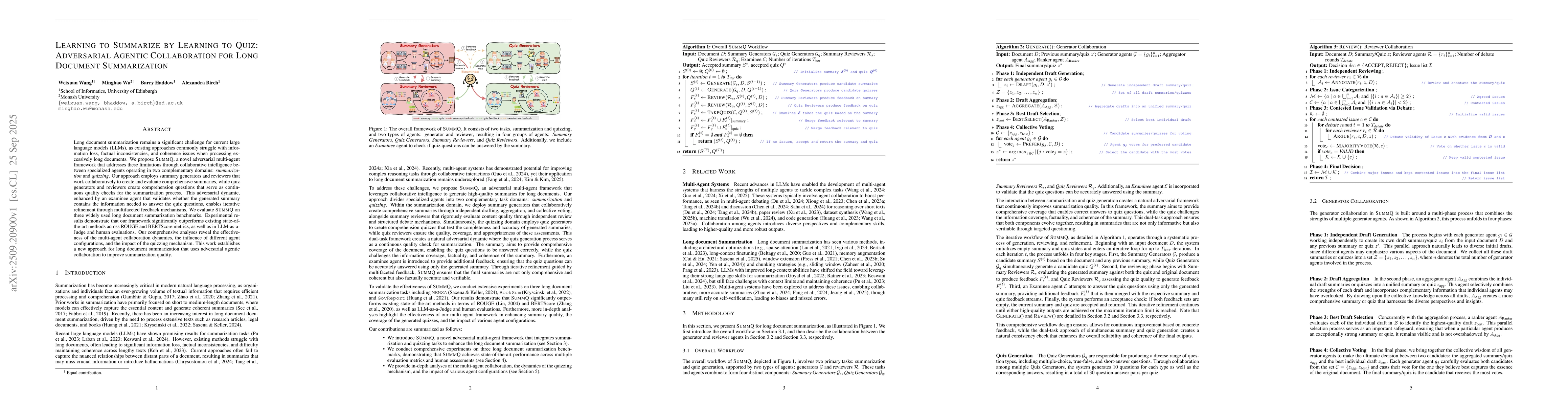 Thumbnail for Learning to Summarize by Learning to Quiz: Adversarial Agentic
  Collaboration for Long Document Summarization