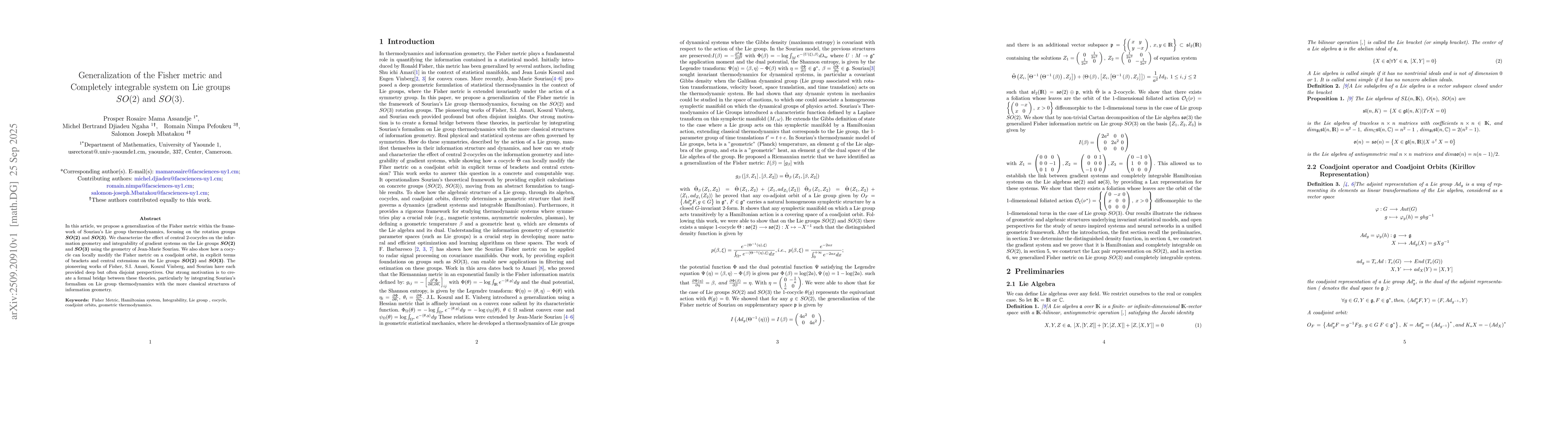 Thumbnail for Generalization of the Fisher metric and Completely integrable system on
  Lie groups SO(2) and SO(3)