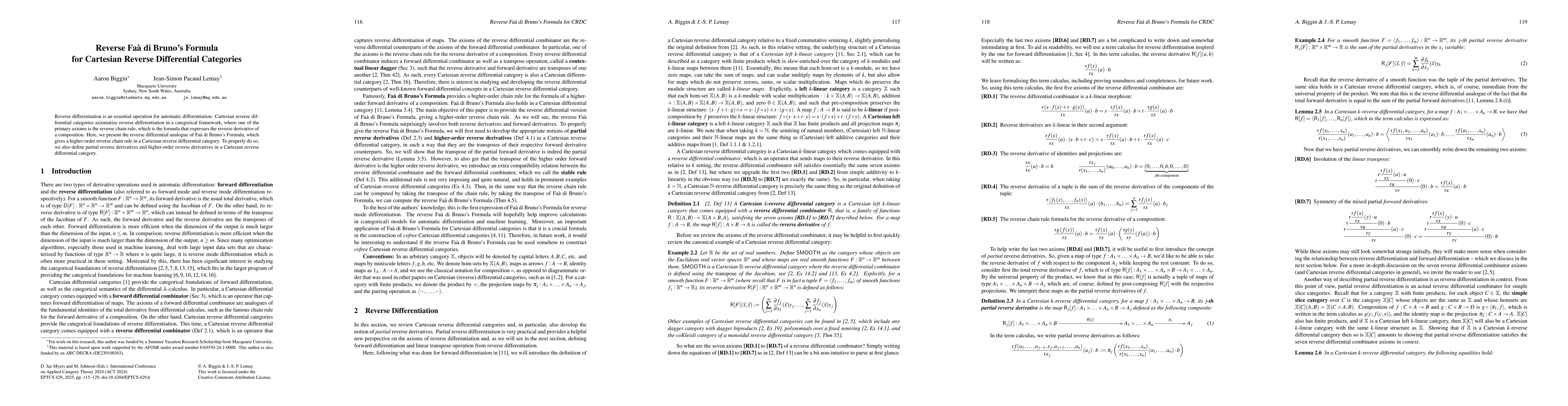 Thumbnail for Reverse Faà di Bruno's Formula for Cartesian Reverse Differential
  Categories