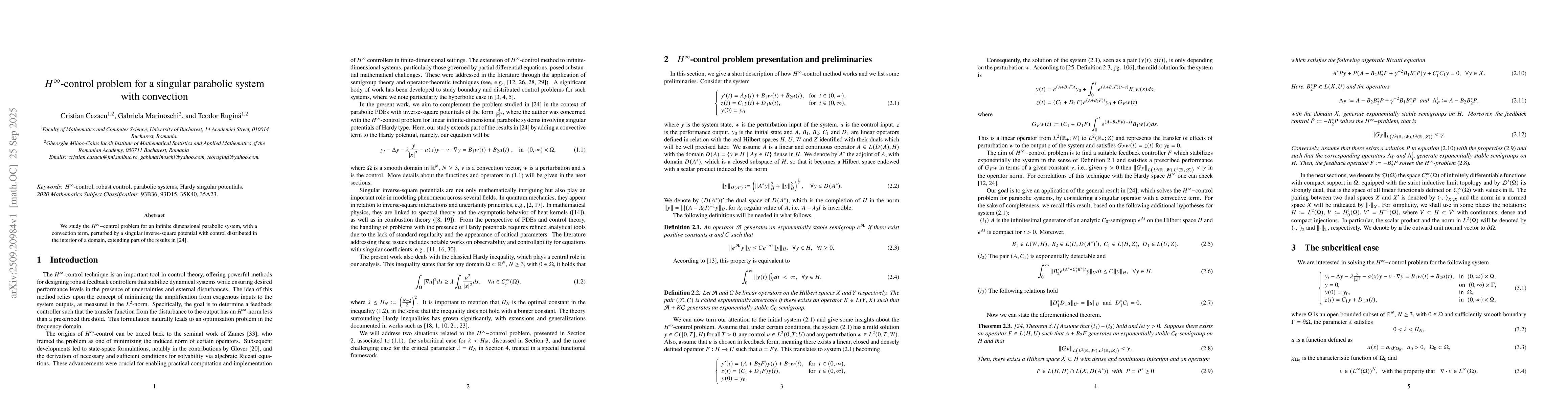 Thumbnail for $H^\infty$-control problem for a singular parabolic system with
  convection