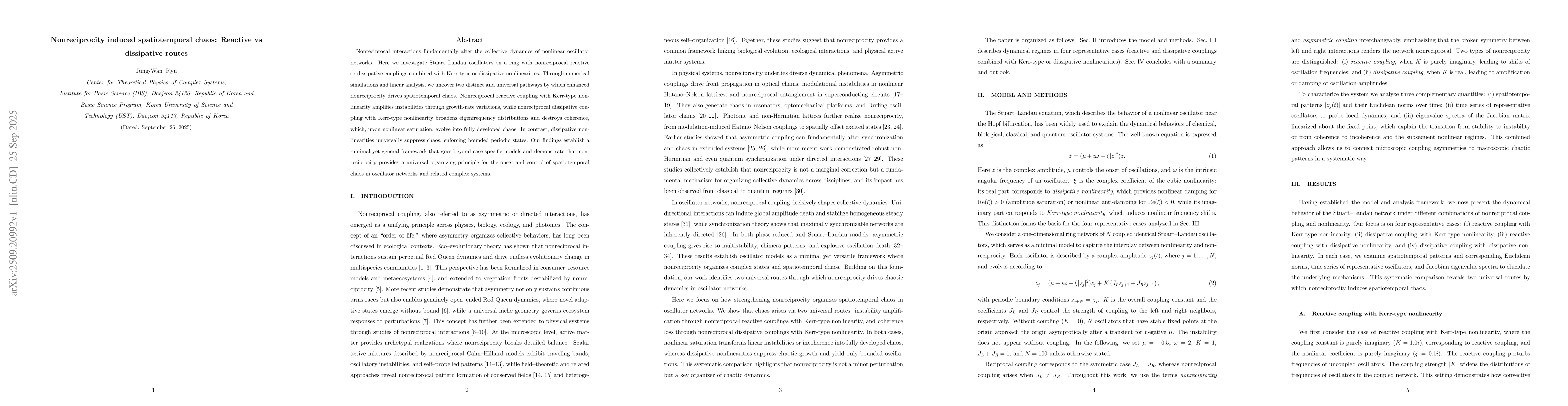 Thumbnail for Nonreciprocity induced spatiotemporal chaos: Reactive vs dissipative
  routes