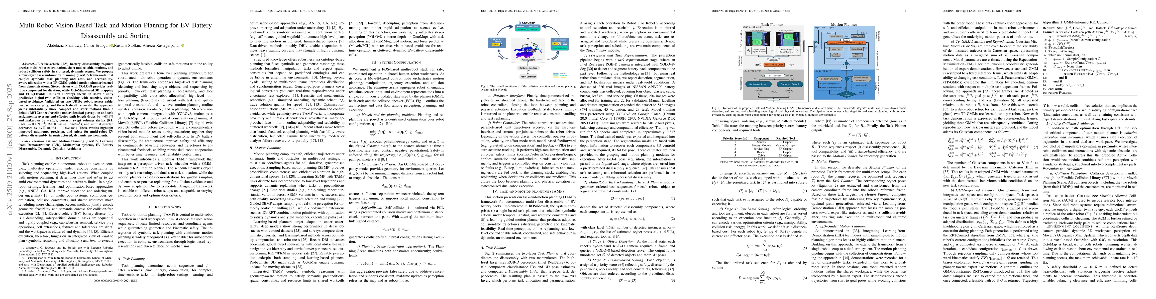 Thumbnail for Multi-Robot Vision-Based Task and Motion Planning for EV Battery
  Disassembly and Sorting