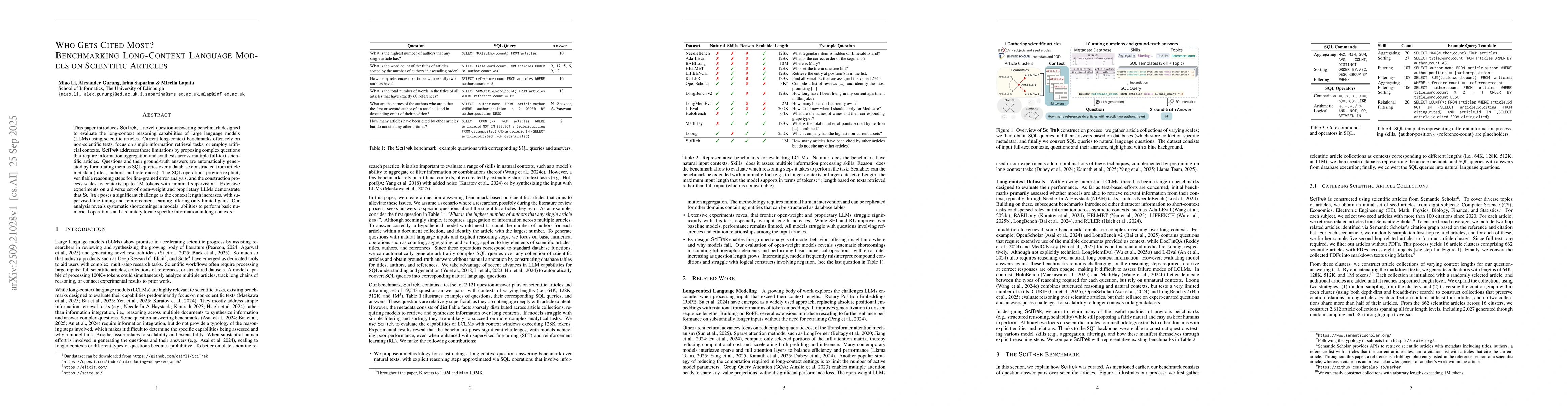 Thumbnail for Who Gets Cited Most? Benchmarking Long-Context Language Models on
  Scientific Articles