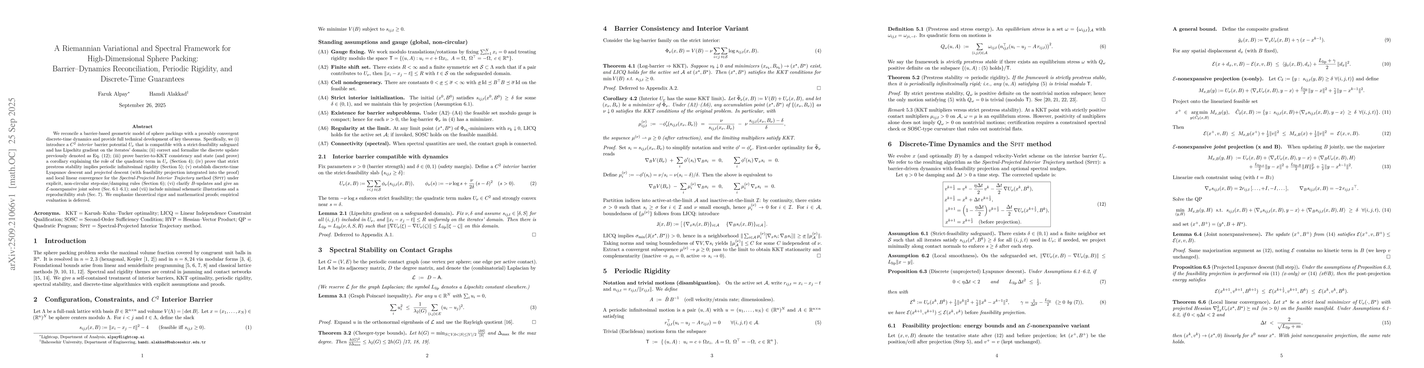 Thumbnail for A Riemannian Variational and Spectral Framework for High-Dimensional
  Sphere Packing: Barrier-Dynamics Reconciliation, Periodic Rigidity, and
  Discrete-Time Guarantees