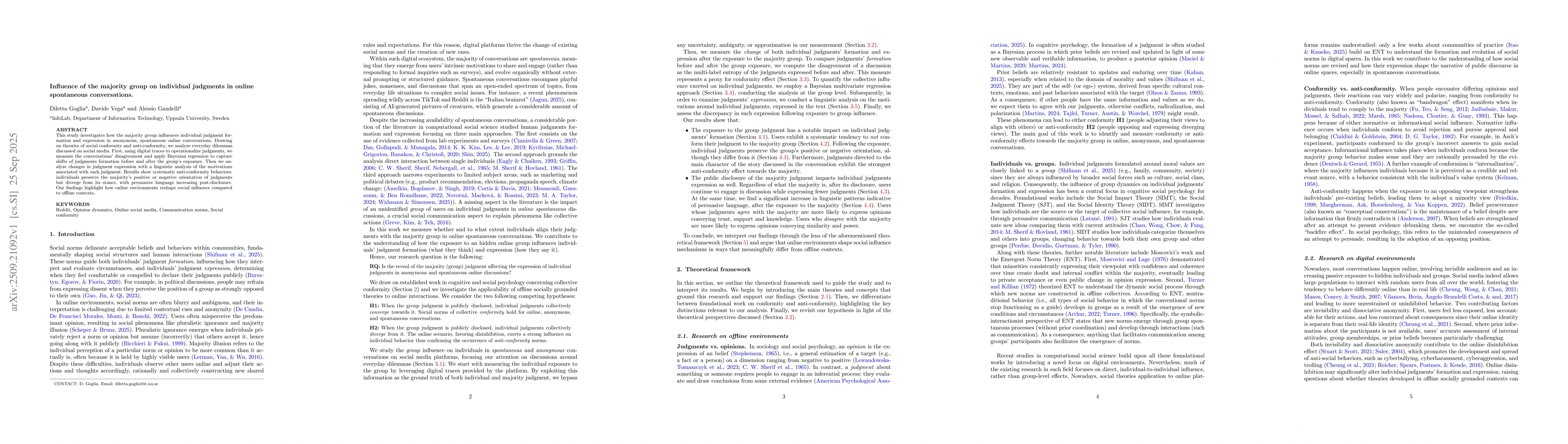 Thumbnail for Influence of the majority group on individual judgments in online
  spontaneous conversations