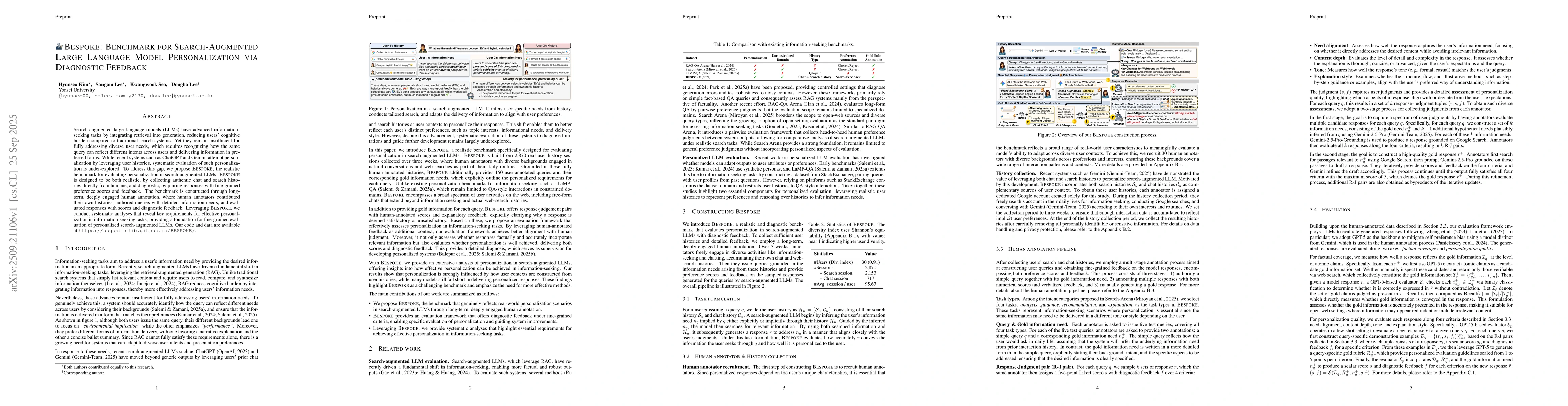 Thumbnail for BESPOKE: Benchmark for Search-Augmented Large Language Model
  Personalization via Diagnostic Feedback