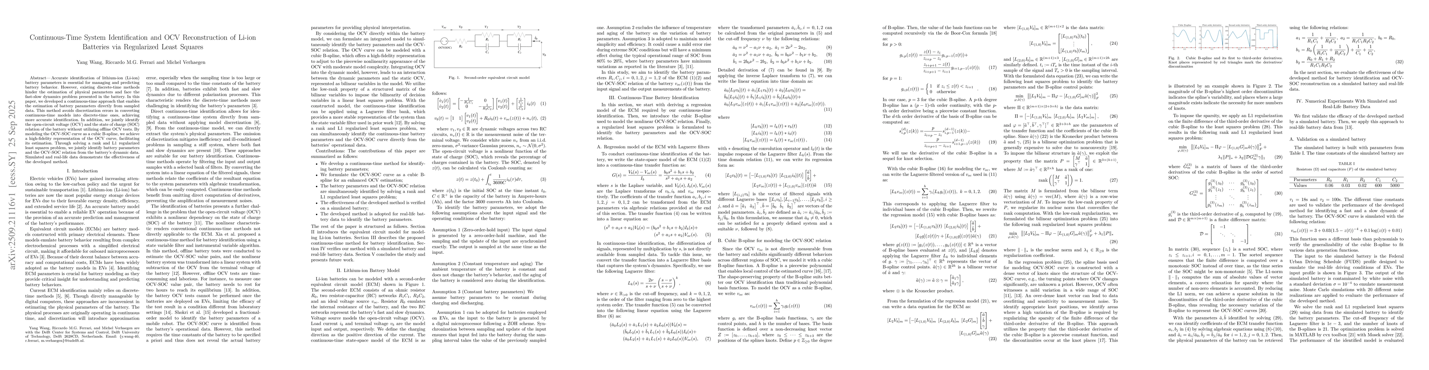 Thumbnail for Continuous-Time System Identification and OCV Reconstruction of Li-ion
  Batteries via Regularized Least Squares