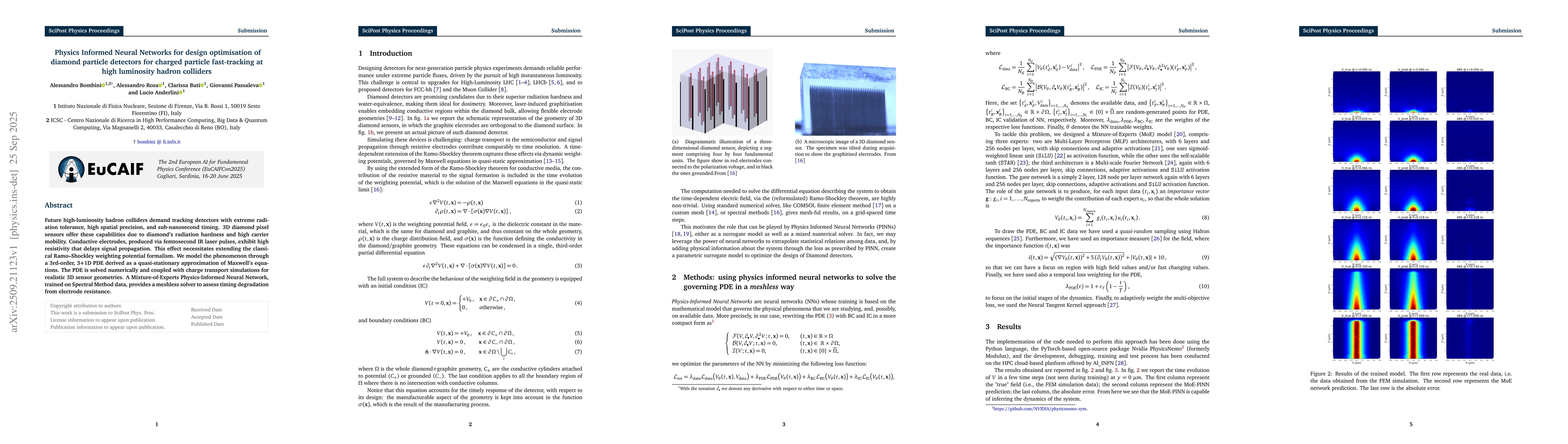 Thumbnail for Physics Informed Neural Networks for design optimisation of diamond
  particle detectors for charged particle fast-tracking at high luminosity
  hadron colliders
