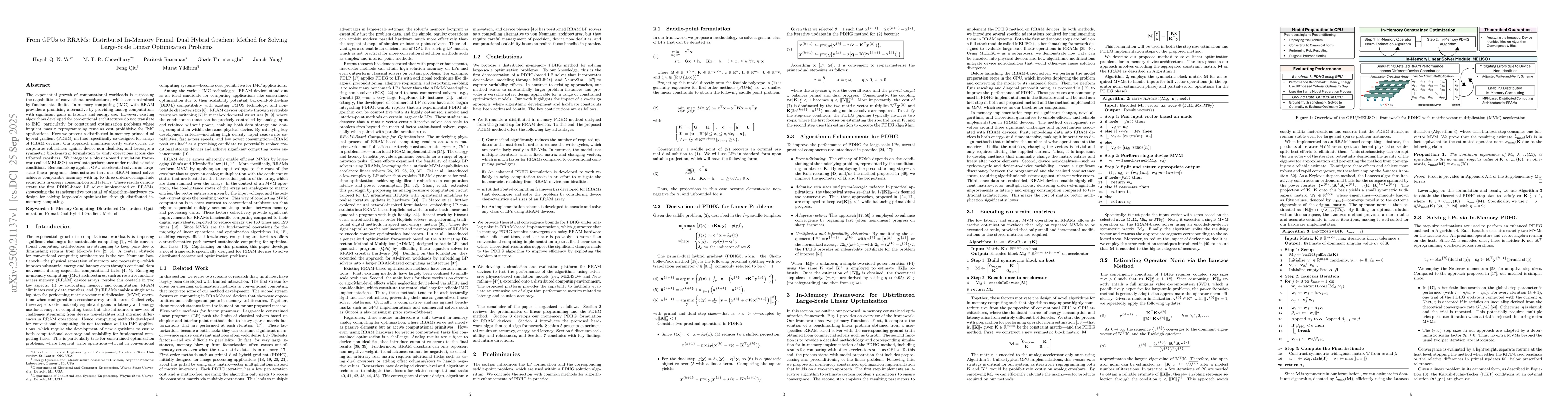 Thumbnail for From GPUs to RRAMs: Distributed In-Memory Primal-Dual Hybrid Gradient
  Method for Solving Large-Scale Linear Optimization Problem