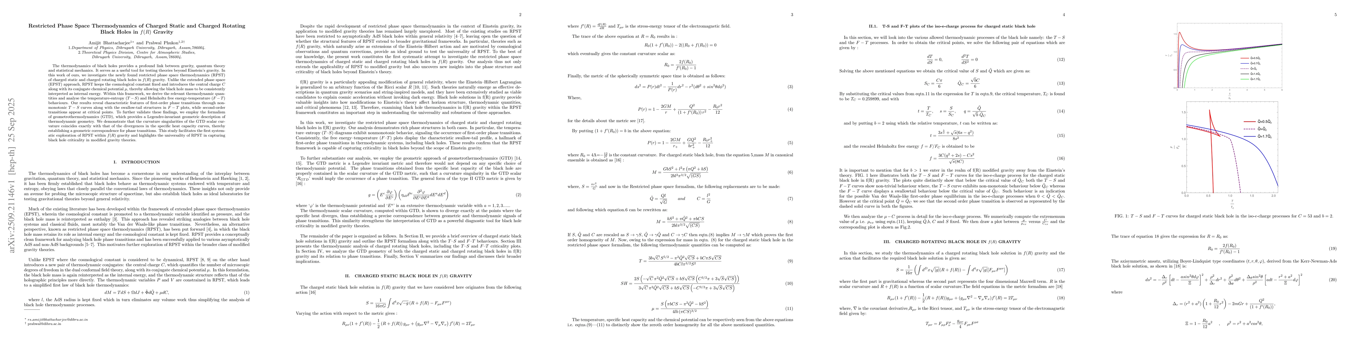 Thumbnail for Restricted Phase Space Thermodynamics of Charged Static and Charged
  Rotating Black Holes in $f(R)$ Gravity