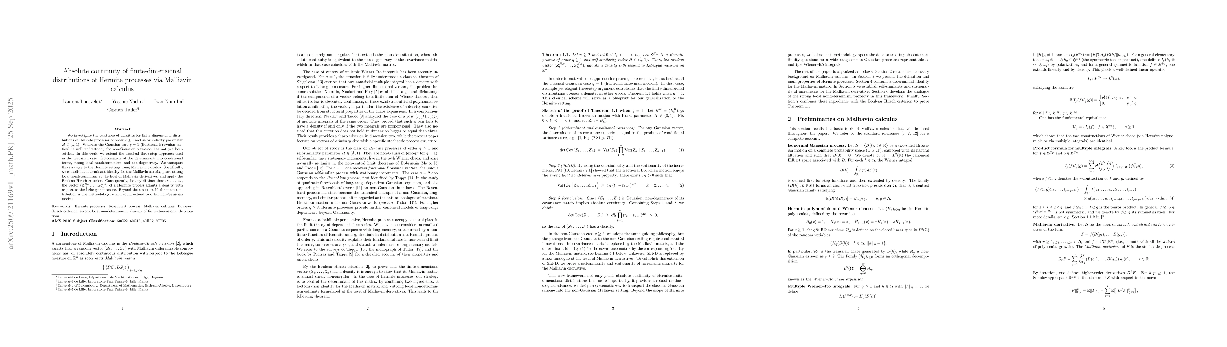 Thumbnail for Absolute continuity of finite-dimensional distributions of Hermite
  processes via Malliavin calculus