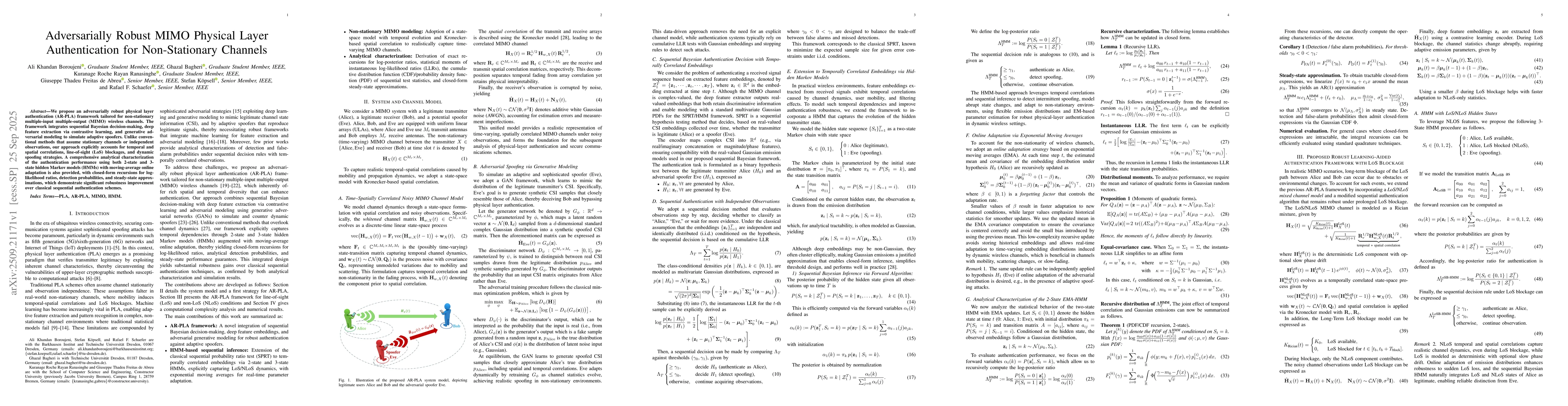 Thumbnail for Adversarially Robust MIMO Physical Layer Authentication for
  Non-Stationary Channels