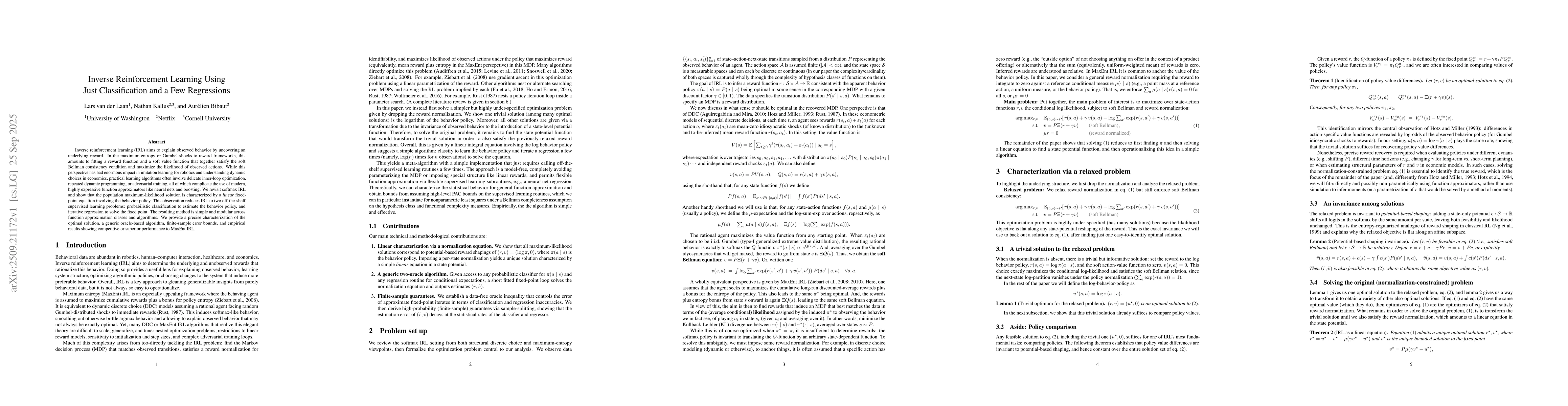 Thumbnail for Inverse Reinforcement Learning Using Just Classification and a Few
  Regressions