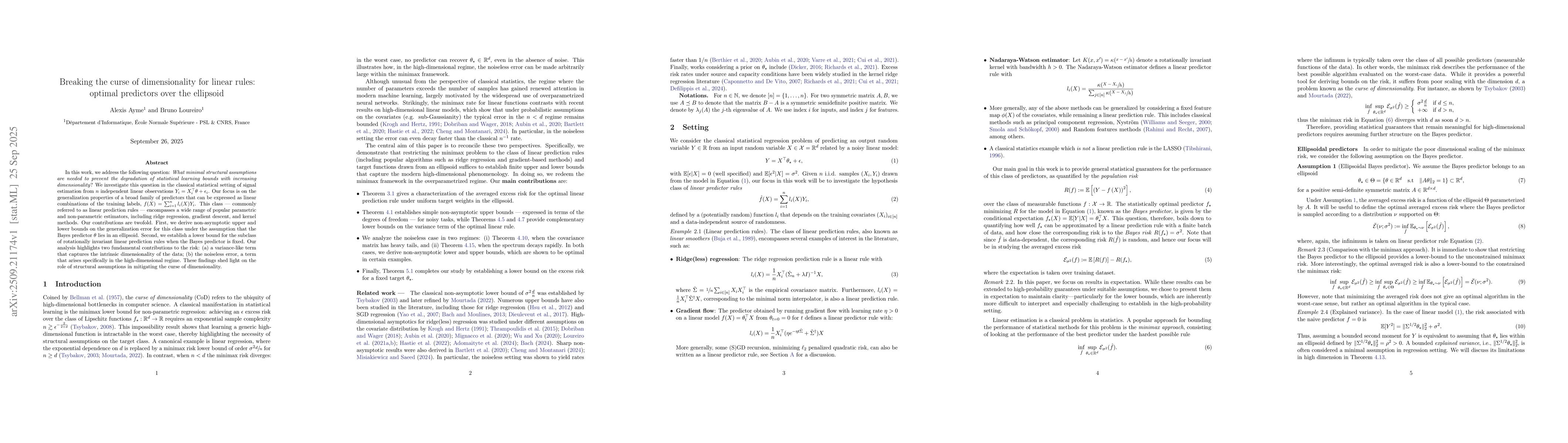 Thumbnail for Breaking the curse of dimensionality for linear rules: optimal
  predictors over the ellipsoid