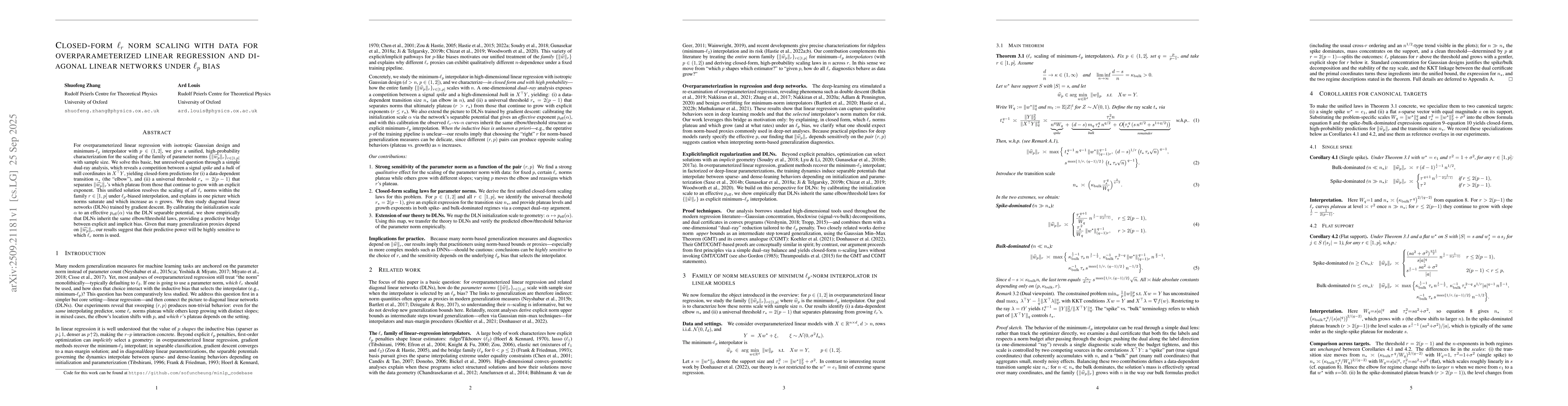 Thumbnail for Closed-form $\ell_r$ norm scaling with data for overparameterized linear
  regression and diagonal linear networks under $\ell_p$ bias