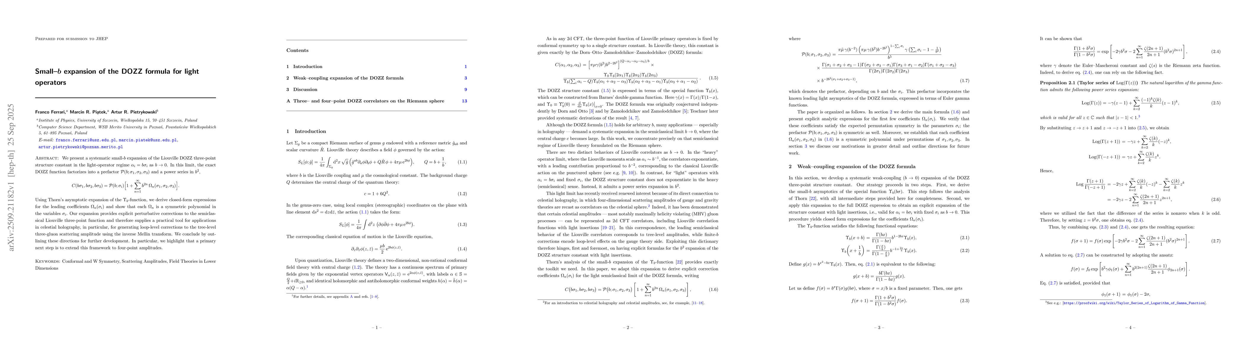 Thumbnail for Small-$b$ expansion of the DOZZ formula for light operators