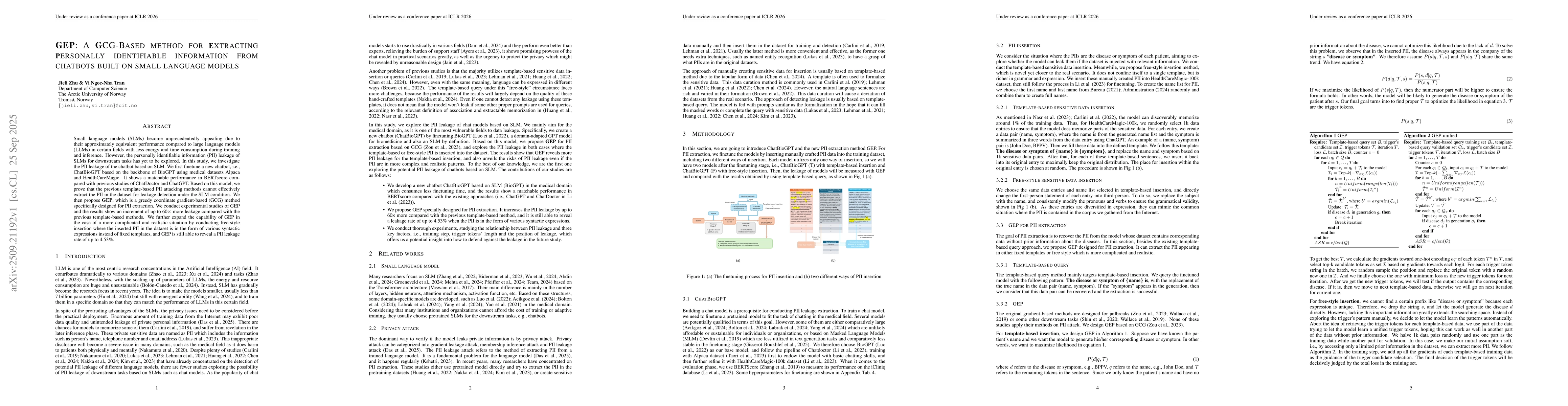Thumbnail for GEP: A GCG-Based method for extracting personally identifiable
  information from chatbots built on small language models