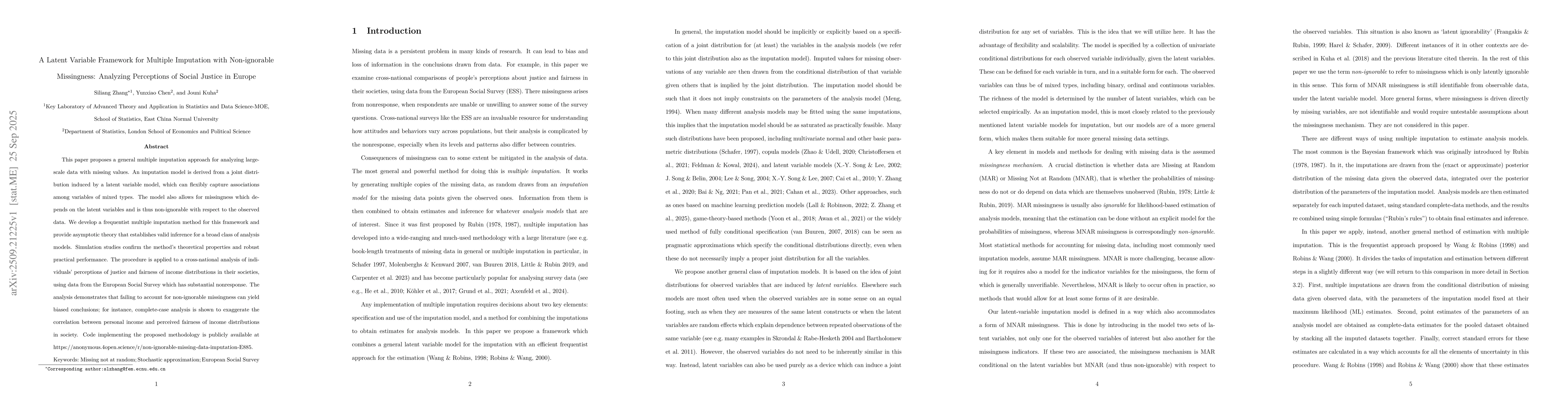 Thumbnail for A Latent Variable Framework for Multiple Imputation with Non-ignorable
  Missingness: Analyzing Perceptions of Social Justice in Europe