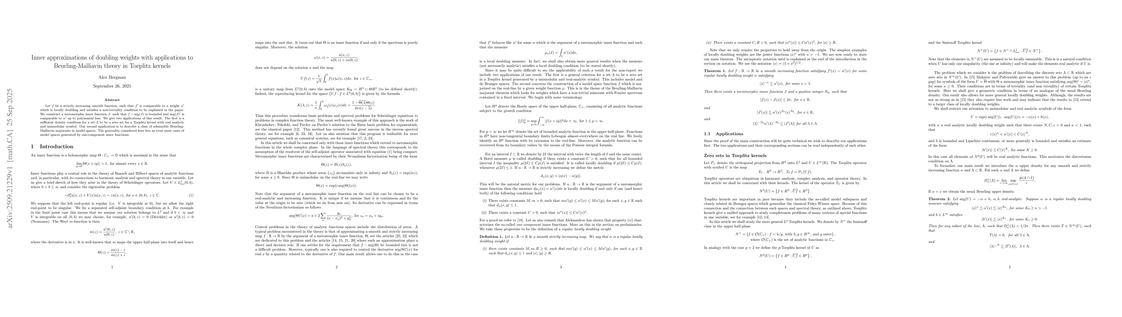 Thumbnail for Inner approximations of doubling weights with applications to
  Beurling-Malliavin theory in Toeplitz kernels