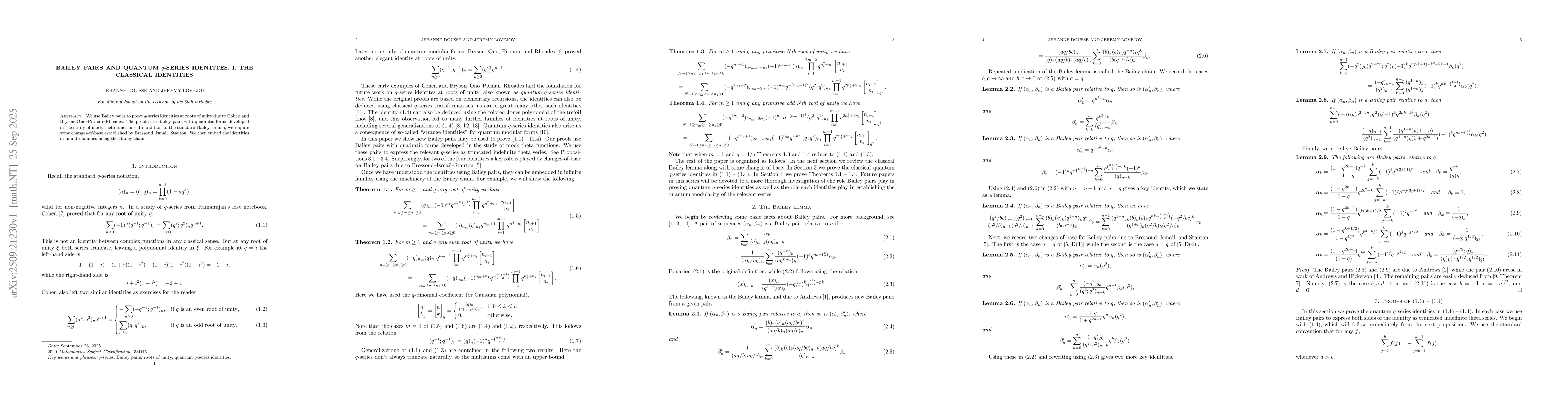 Thumbnail for Bailey pairs and quantum $q$-series identites. I. The classical
  identities