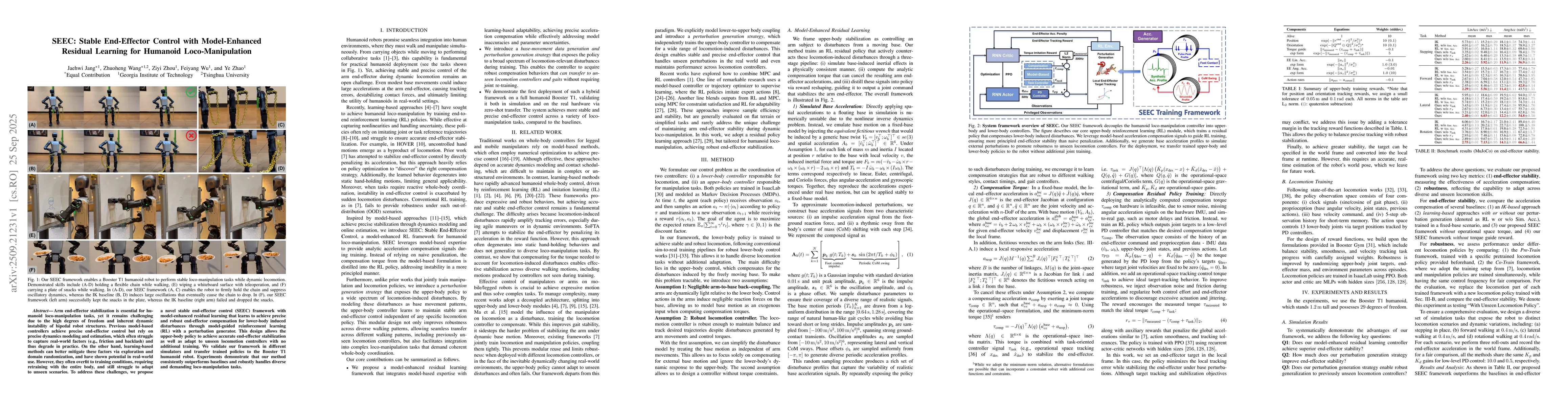 Thumbnail for SEEC: Stable End-Effector Control with Model-Enhanced Residual Learning
  for Humanoid Loco-Manipulation