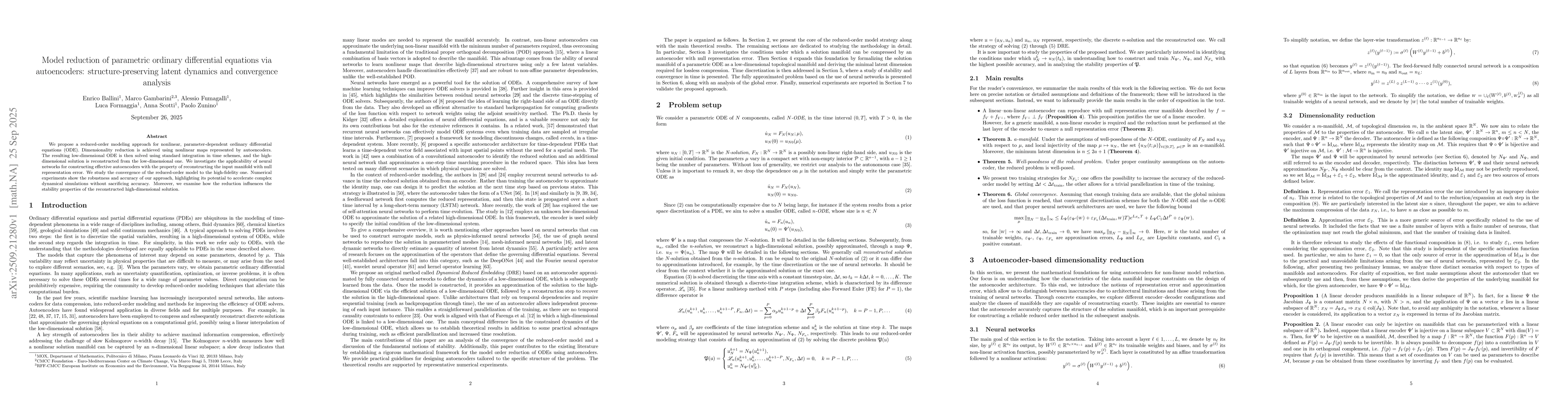 Thumbnail for Model reduction of parametric ordinary differential equations via
  autoencoders: structure-preserving latent dynamics and convergence analysis