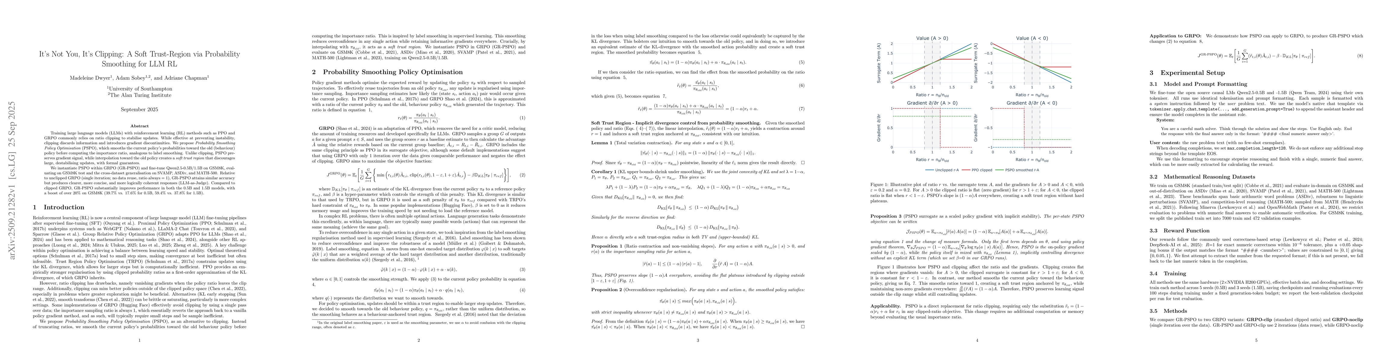 Thumbnail for It's Not You, It's Clipping: A Soft Trust-Region via Probability
  Smoothing for LLM RL