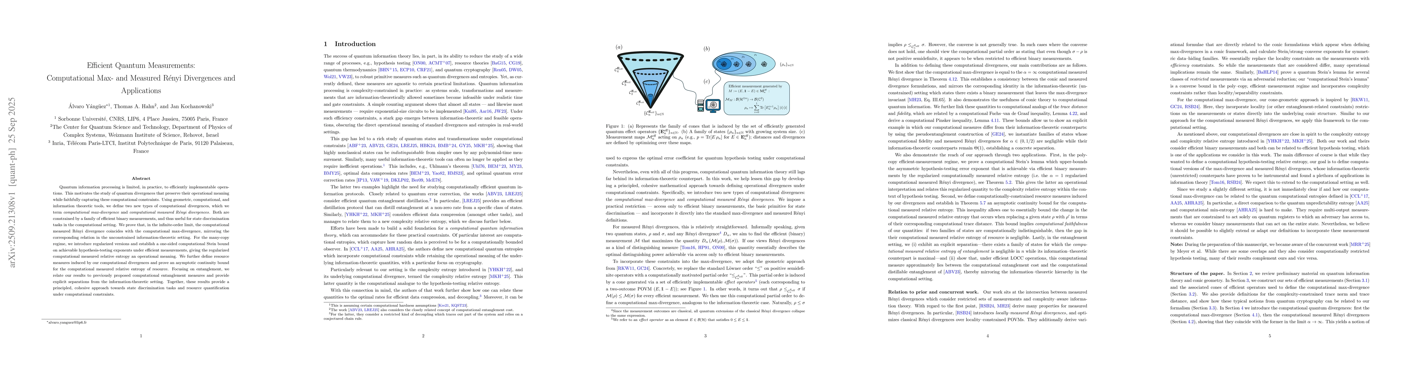 Thumbnail for Efficient Quantum Measurements: Computational Max- and Measured Rényi
  Divergences and Applications