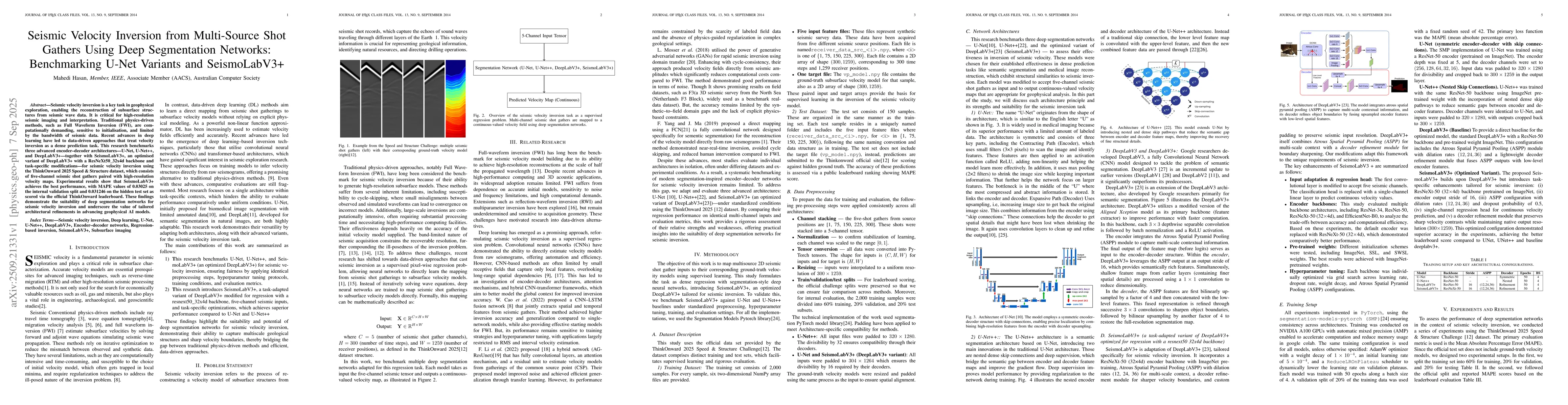 Thumbnail for Seismic Velocity Inversion from Multi-Source Shot Gathers Using Deep
  Segmentation Networks: Benchmarking U-Net Variants and SeismoLabV3+