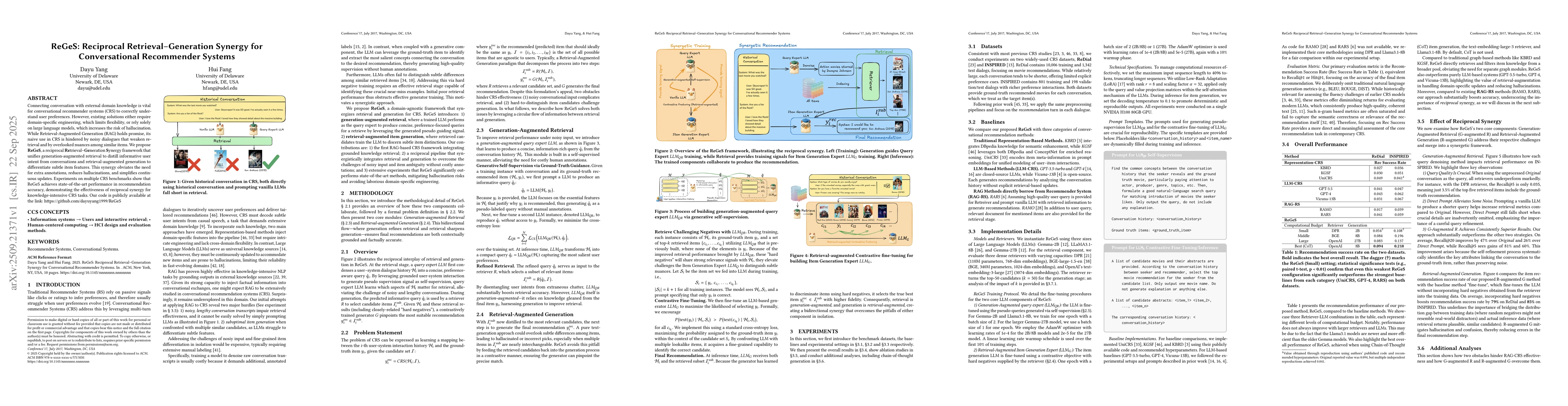 Thumbnail for ReGeS: Reciprocal Retrieval-Generation Synergy for Conversational
  Recommender Systems