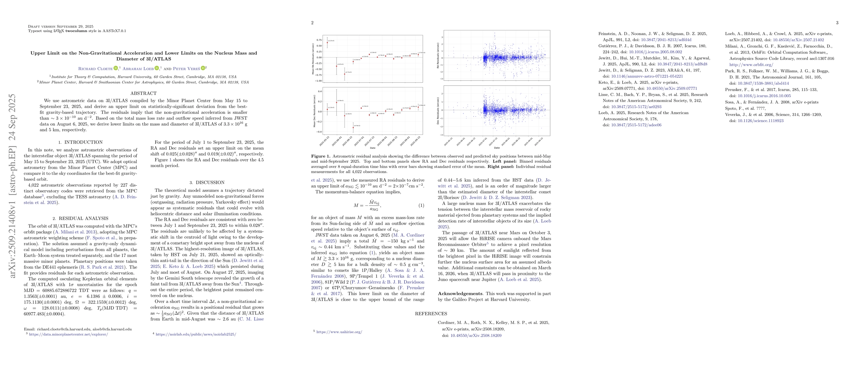 Thumbnail for Upper Limit on the Non-Gravitational Acceleration and Lower Limits on
  the Nucleus Mass and Diameter of 3I/ATLAS