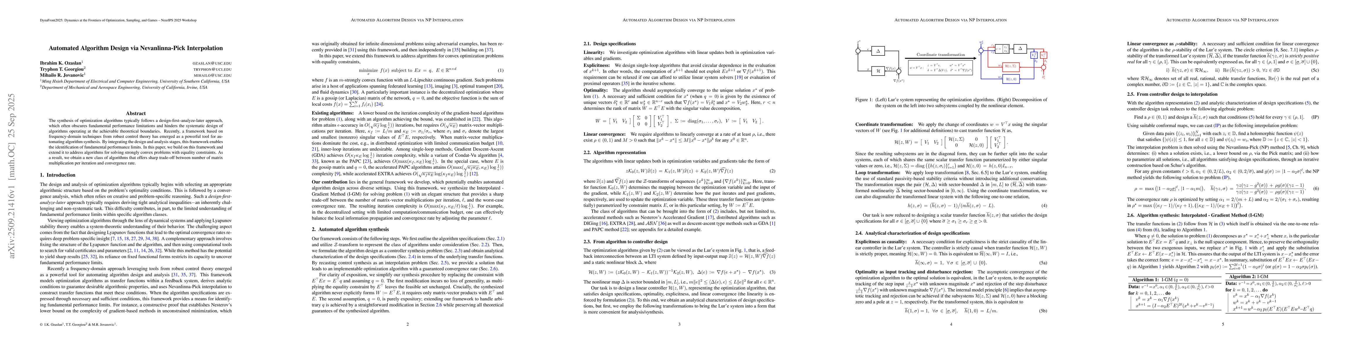 Thumbnail for Automated Algorithm Design via Nevanlinna-Pick Interpolation