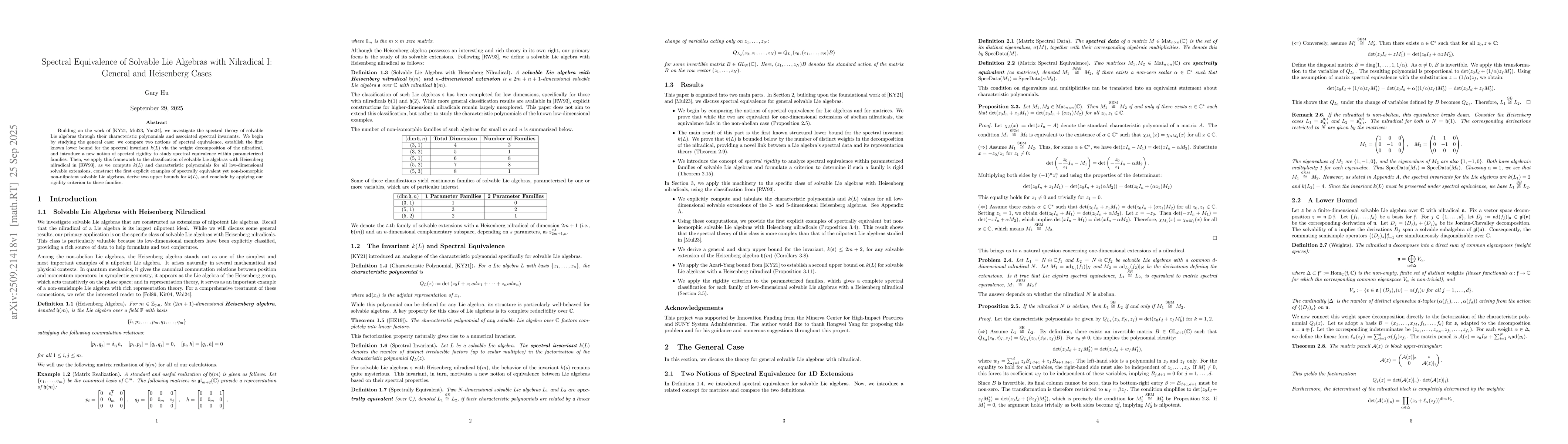 Thumbnail for Spectral Equivalence of Solvable Lie Algebras with Nilradical I: General
  and Heisenberg Cases